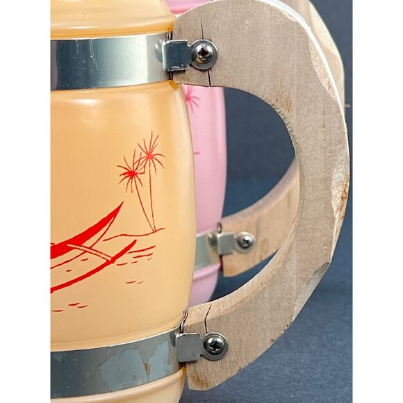 Vtg Siesta Ware Mugs 4 Set Frosted Wood Handles Tiki Bar Mid Century Tropical - Picture 7 of 10